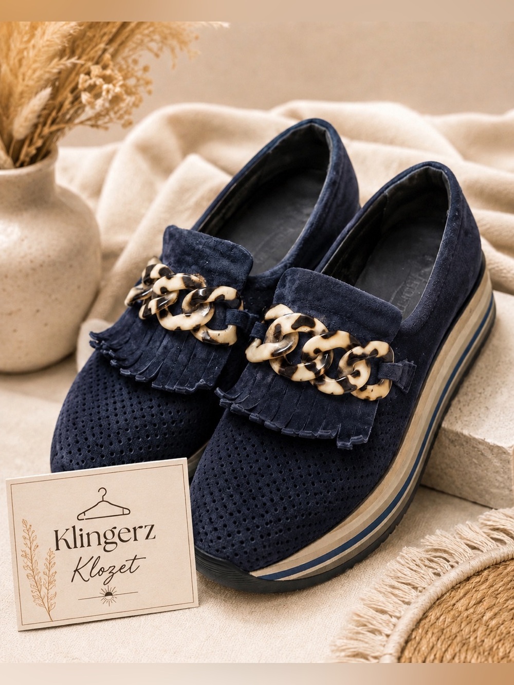 Softwave Navy Suede Platform Loafers • Tortoiseshell Chain • Fringe • Size 38.5